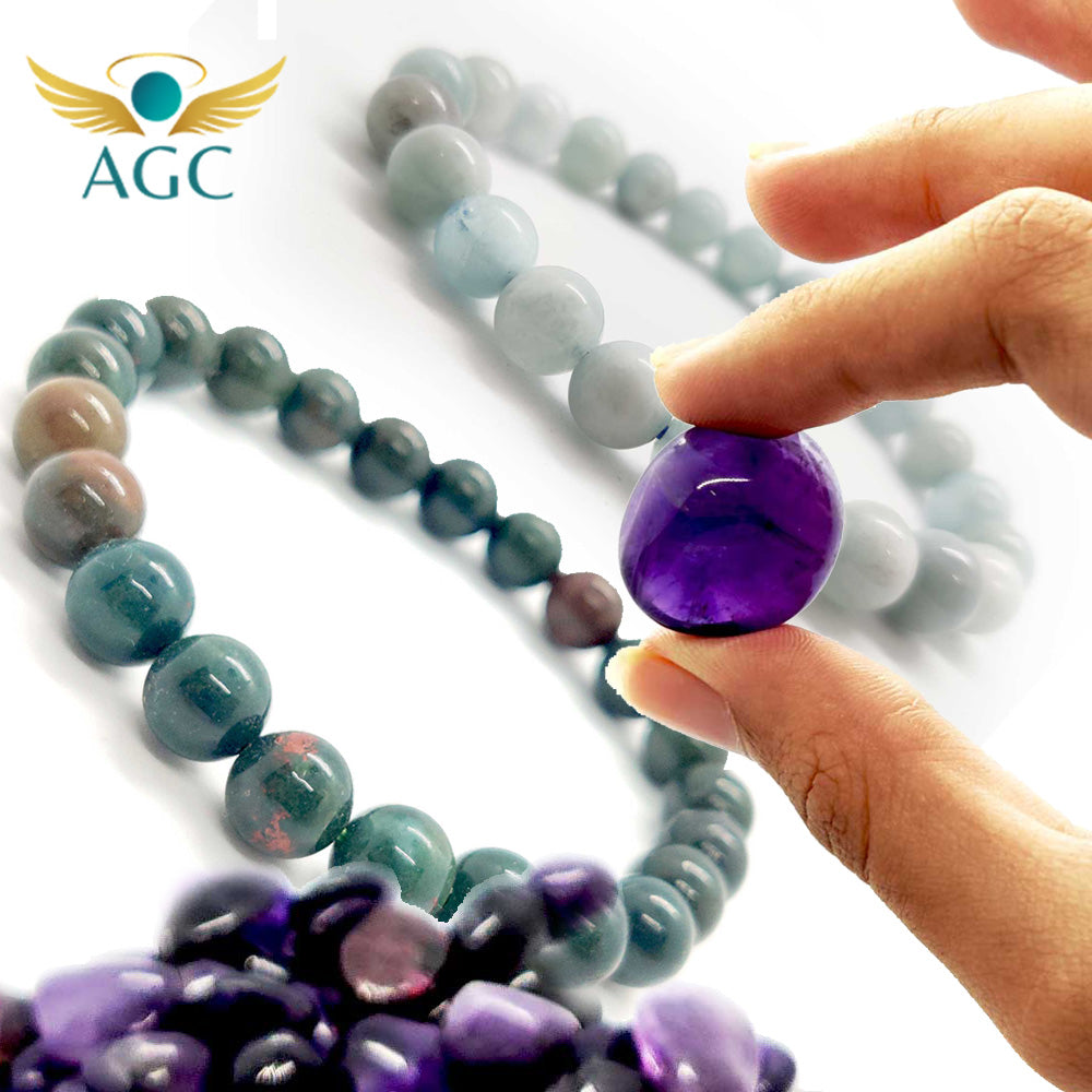 AGC Divine Harmony & Vitality Signature Wellness Kit (Includes: Natural Aquamarine Bracelet + Natural Bloodstone Bracelet + Natural Amethyst Tumble Stone)