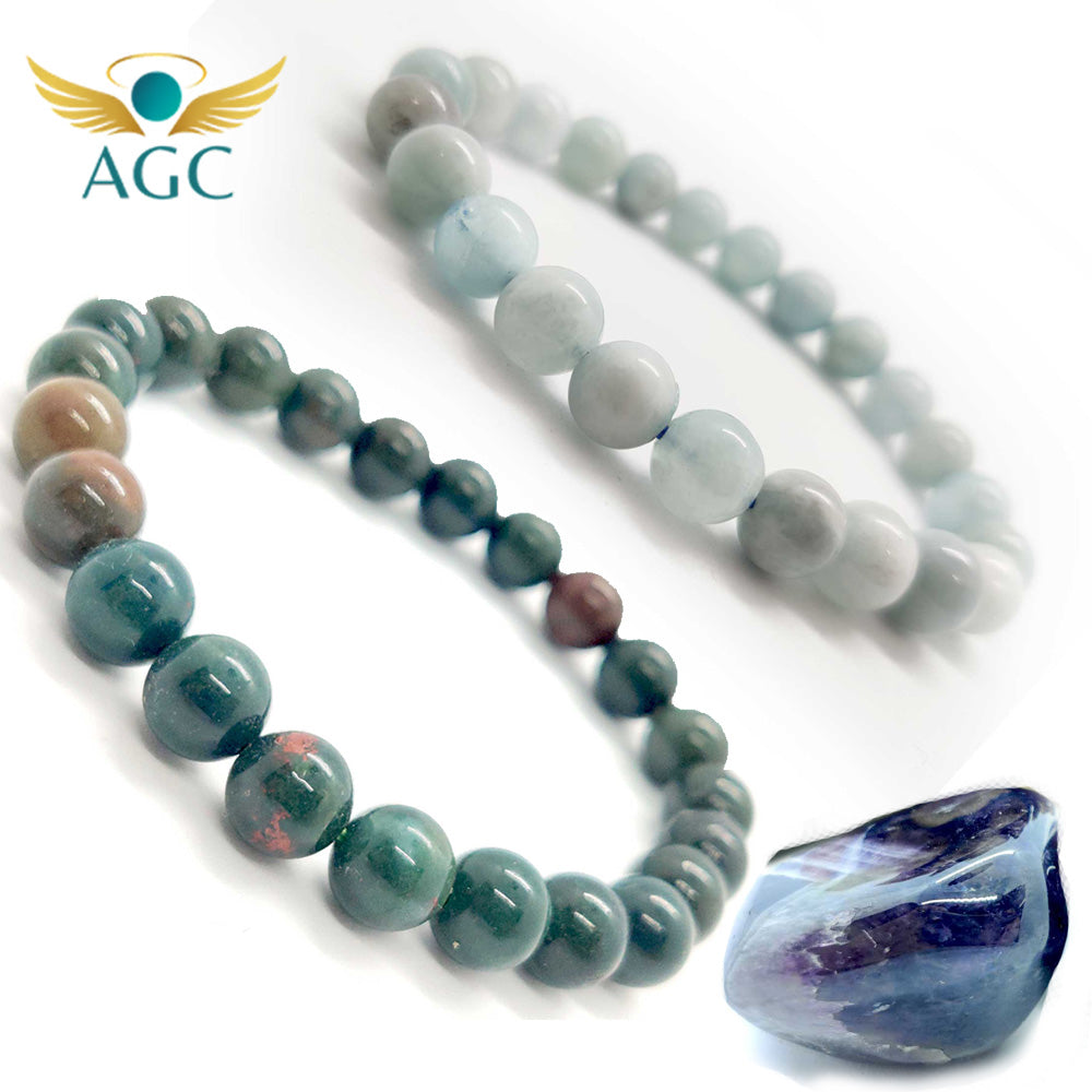 AGC Divine Harmony & Vitality Signature Wellness Kit (Includes: Natural Aquamarine Bracelet + Natural Bloodstone Bracelet + Natural Amethyst Tumble Stone)