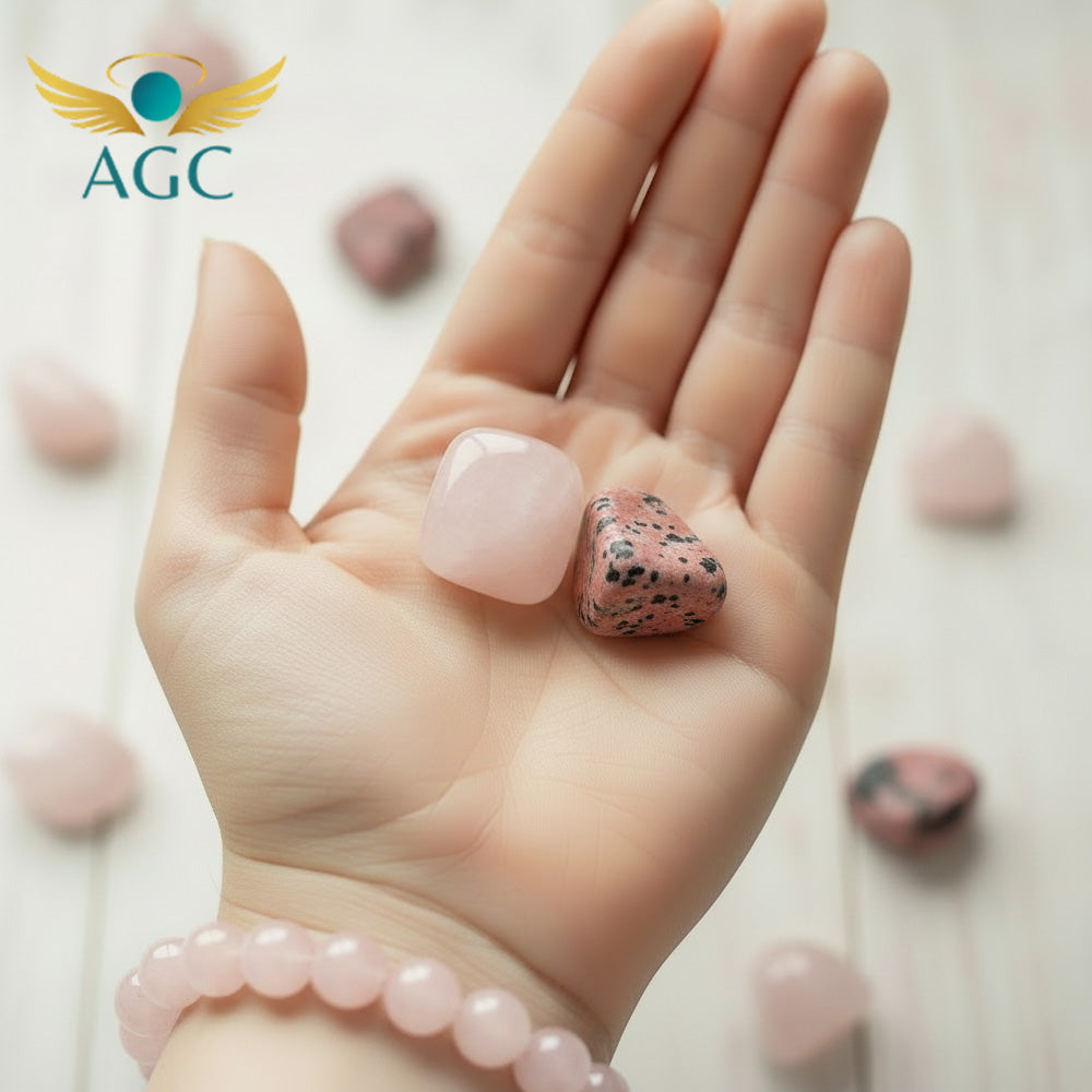 AGC Love & Harmony Crystal Starter Kit Nurture Love • Heal the Heart • Strengthen Relationships Includes: •	One Natural Rose Quartz Bracelet •	One Natural Rose Quartz Tumble Stone •	One Natural Rhodonite Tumble Stone