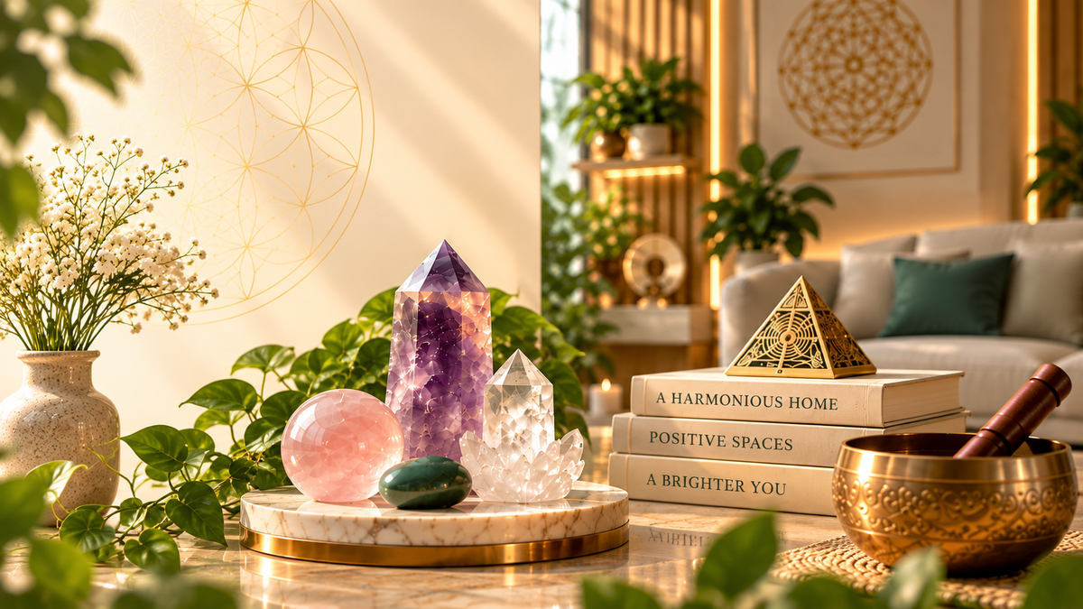 Warm premium interior with crystals, Vastu geometry and restrained gold accents