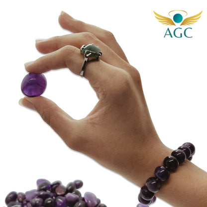 AGC Divine Calm & Protection Crystal Starter Kit - Includes: Natural Amethyst Bracelet + Natural Amethyst Tumble Stone + Natural Black Tourmaline Tumble Stone