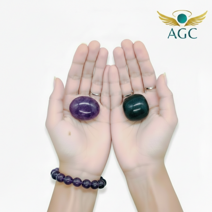 AGC Divine Calm & Protection Crystal Starter Kit - Includes: Natural Amethyst Bracelet + Natural Amethyst Tumble Stone + Natural Black Tourmaline Tumble Stone