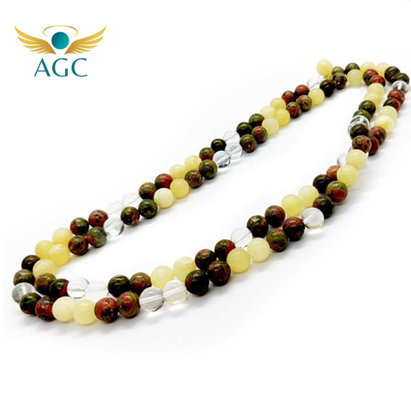 Yellow Calcite, Unakite & Clear Quartz Mala | Buy Online